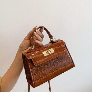 Coffee Brown Elegant Women's Faux Crocodile Turn Lock Square Bag